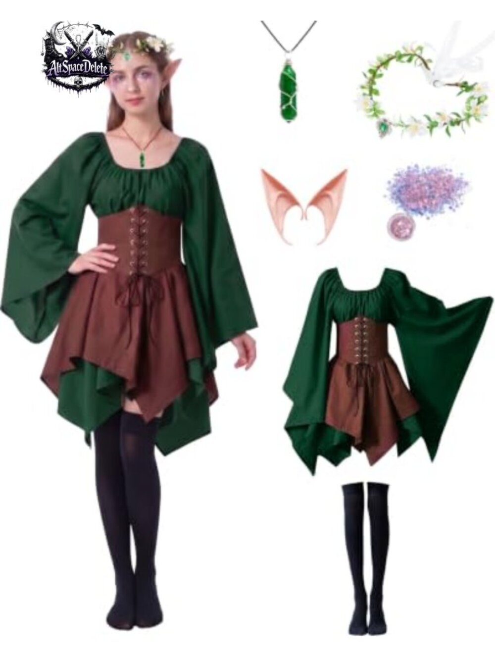 Medieval Renaissance Elf Costume Set Fairy Dress Flower Crown Necklace